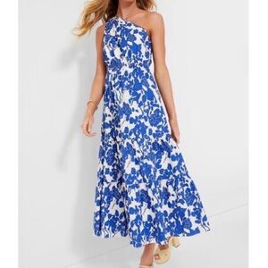 Tuckernuck Hyacinth House Sybil Floral One-Shoulder Blue and White Dress